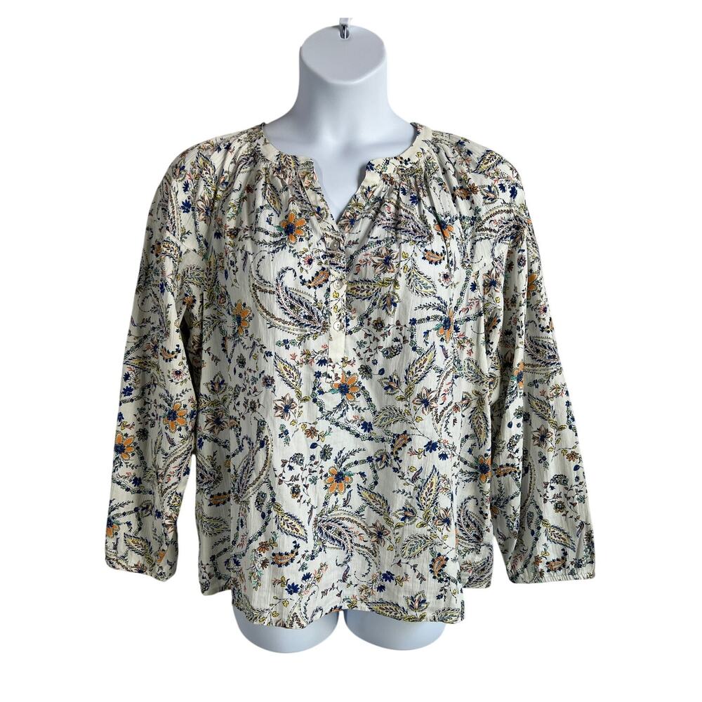 J. JILL TOP WOMENS LARGE 100% COTTON FLORAL POPOVER BLOUSE WHITE MULTI BOHO - Picture 2 of 12